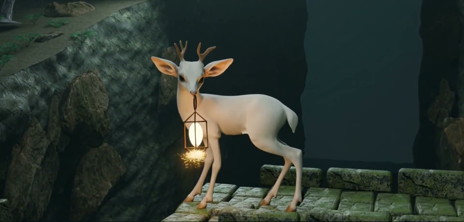 A frame from the film: the deer carries the lantern onto the broken stone bridge
