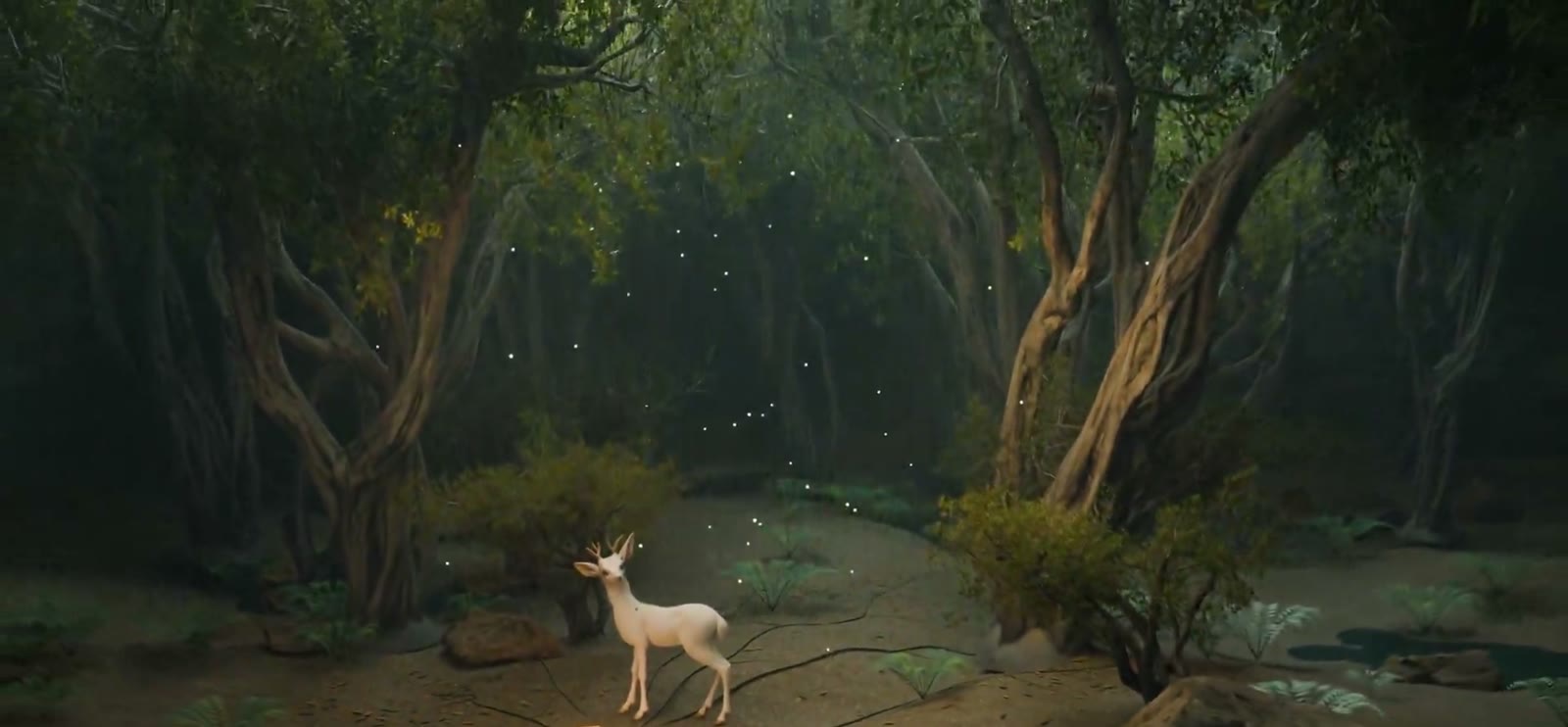 Borrowed Light — a film still: the deer waits in the warm root-cracks where light is given back