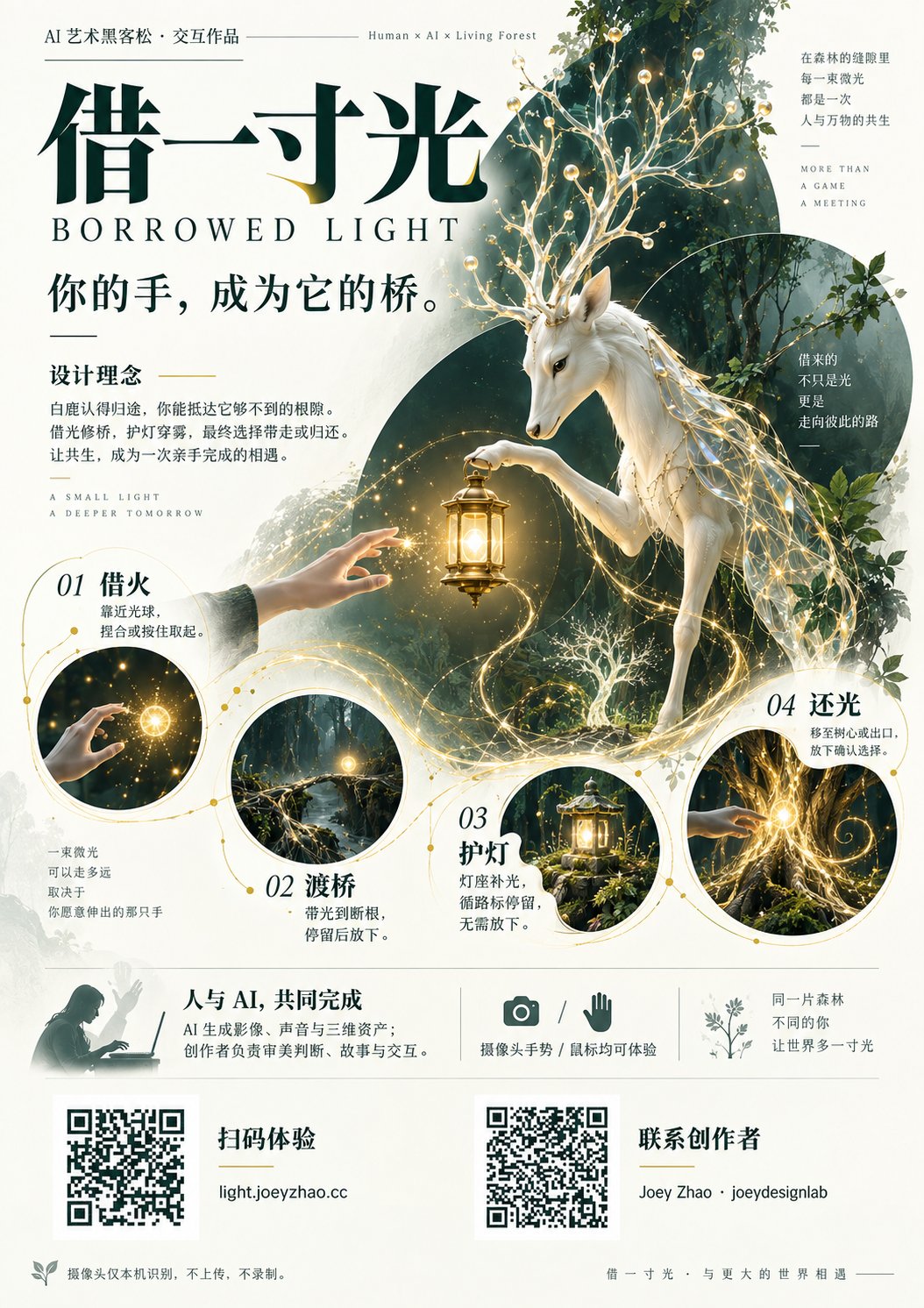 Borrowed Light poster — the deer, the lamp, the mist