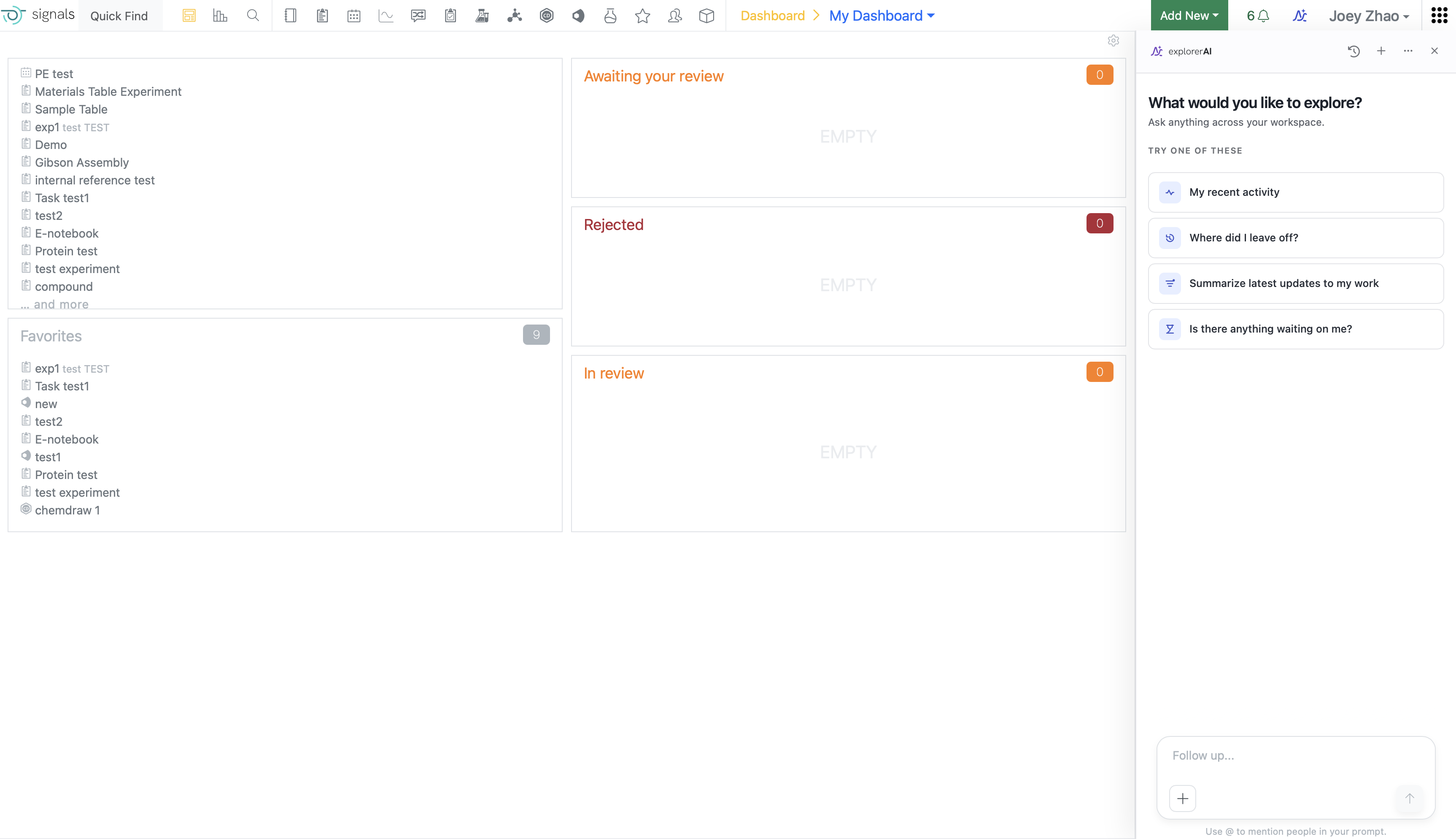 Signals Notebook dashboard with the explorer AI panel docked on the right side