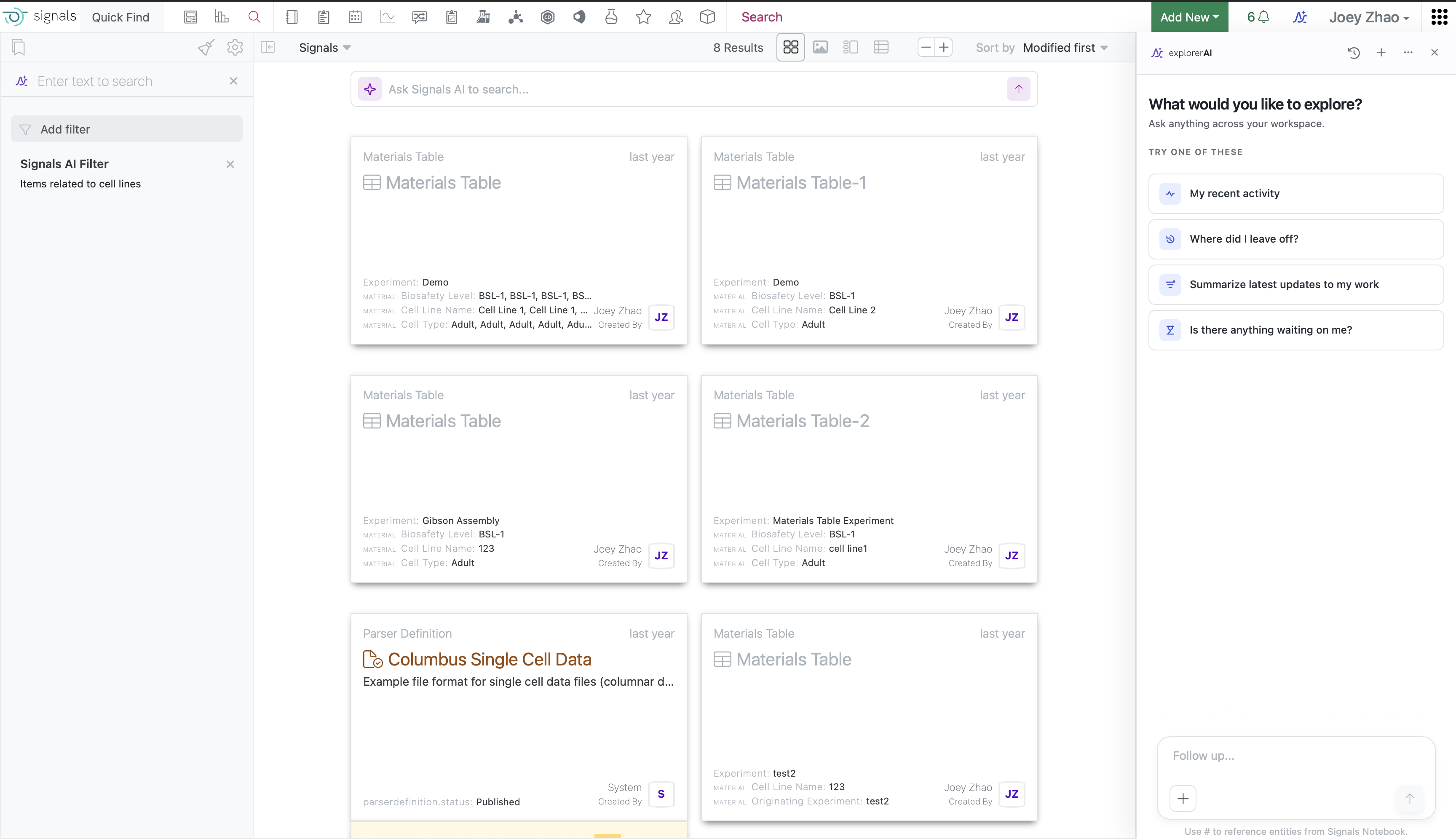 Signals AI semantic search: natural-language filter on cell lines, result cards with experiment metadata