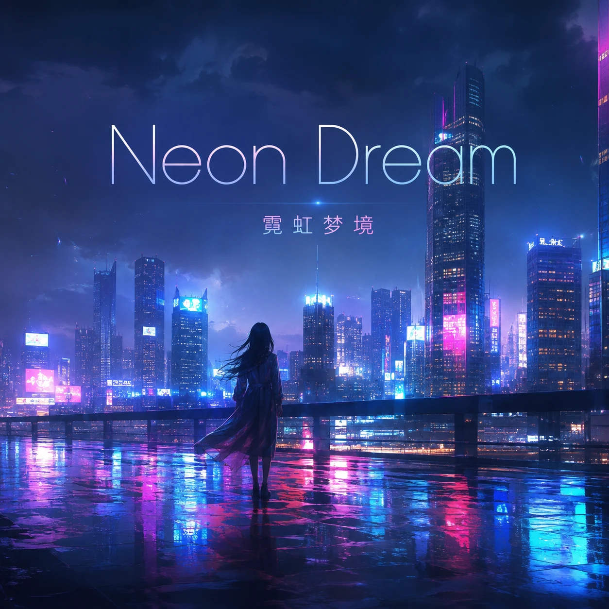 蓝紫色雨夜城市中,一名人物站在霓虹倒影前的《霓虹梦境》封面