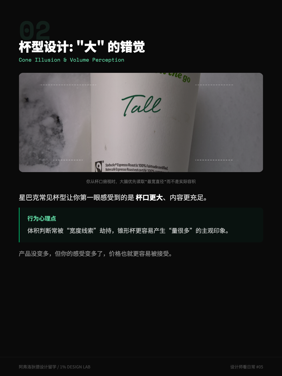 星巴克锥形杯与直筒杯的杯型对比示意：上宽下窄显容量大
